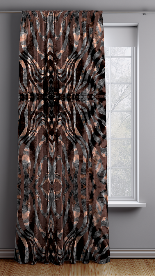 Window with a curtain featuring a brown and black abstract pattern.