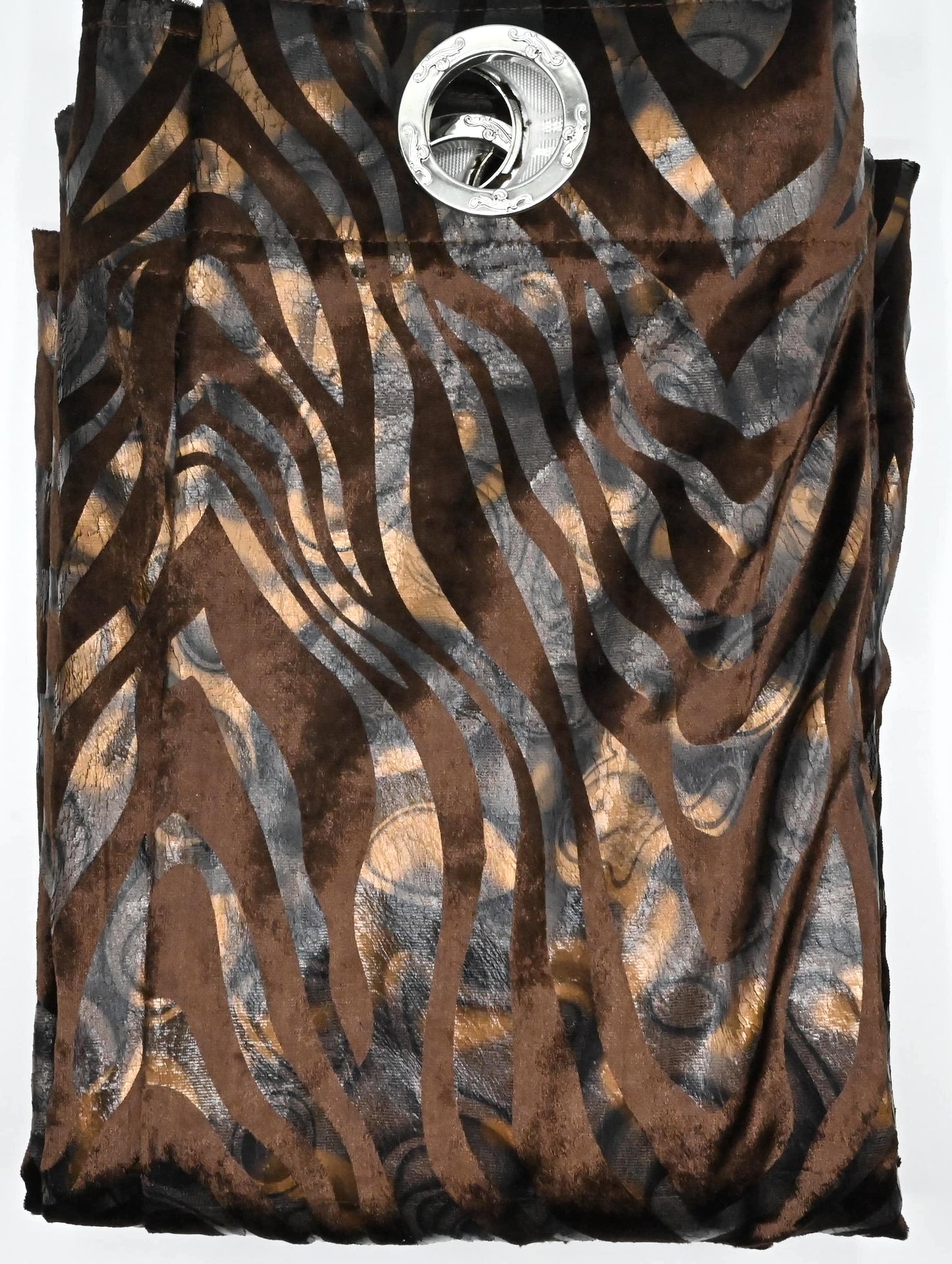 Patterned fabric with a prominent button on a white background