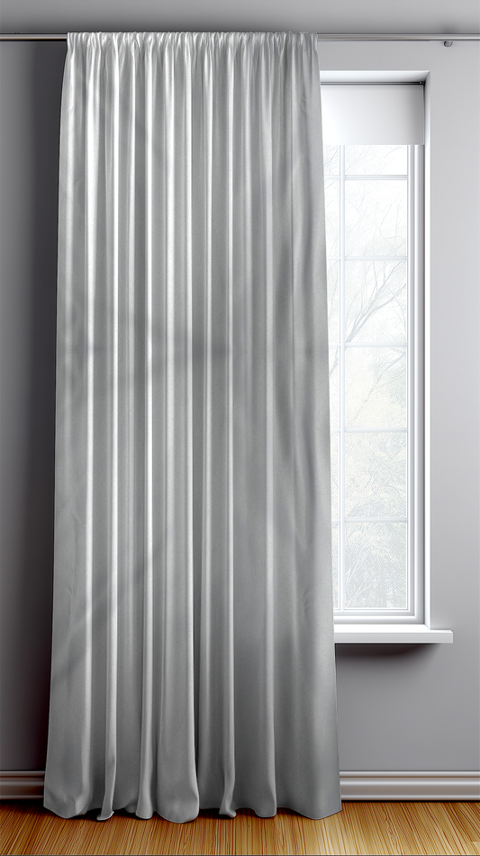 Gray curtain hanging in front of a window with a gray wall background