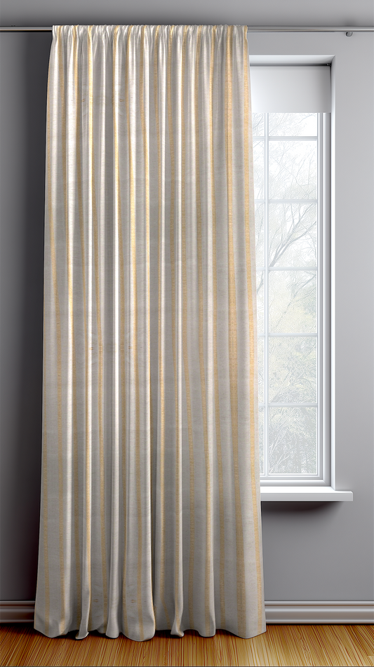 Striped curtain hanging in front of a window with a gray wall background