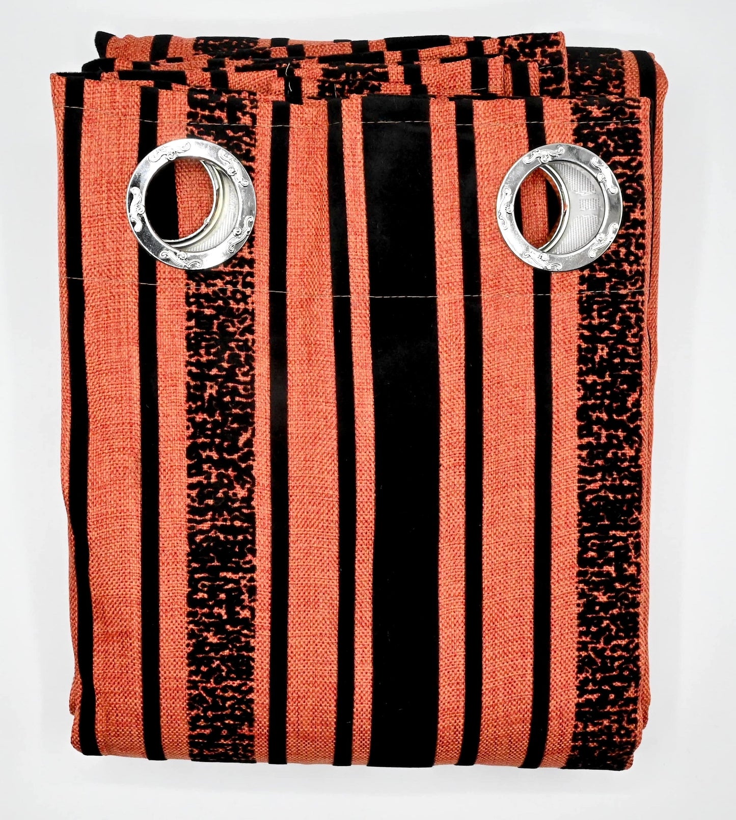 Fabric with black stripes and silver rings on a white background