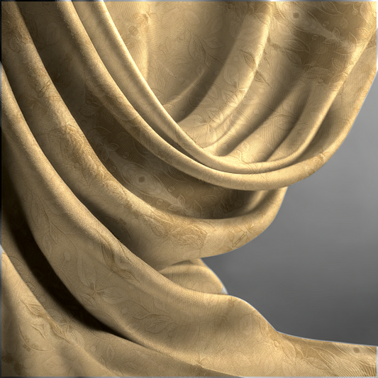 Close-up of beige fabric with a subtle pattern on a gray background