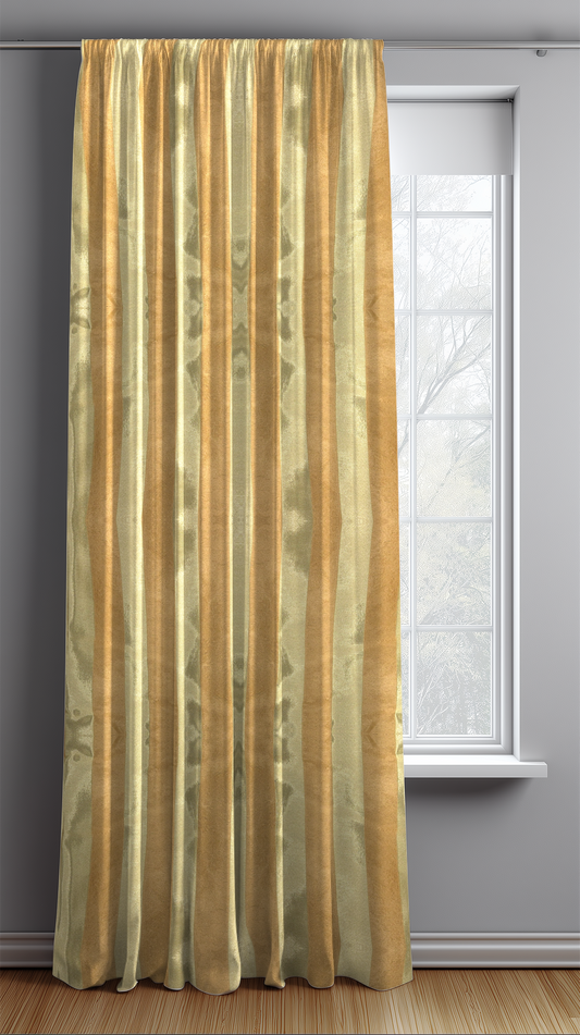 Striped curtain in front of a window with a gray wall background