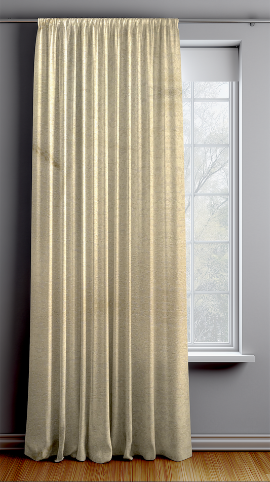 Beige curtain hanging in front of a window with a gray wall background