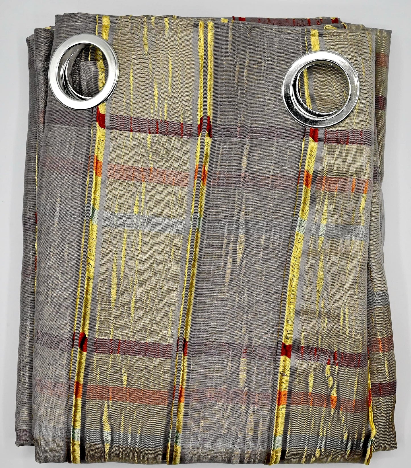 Plaid curtain with silver rings on a white background