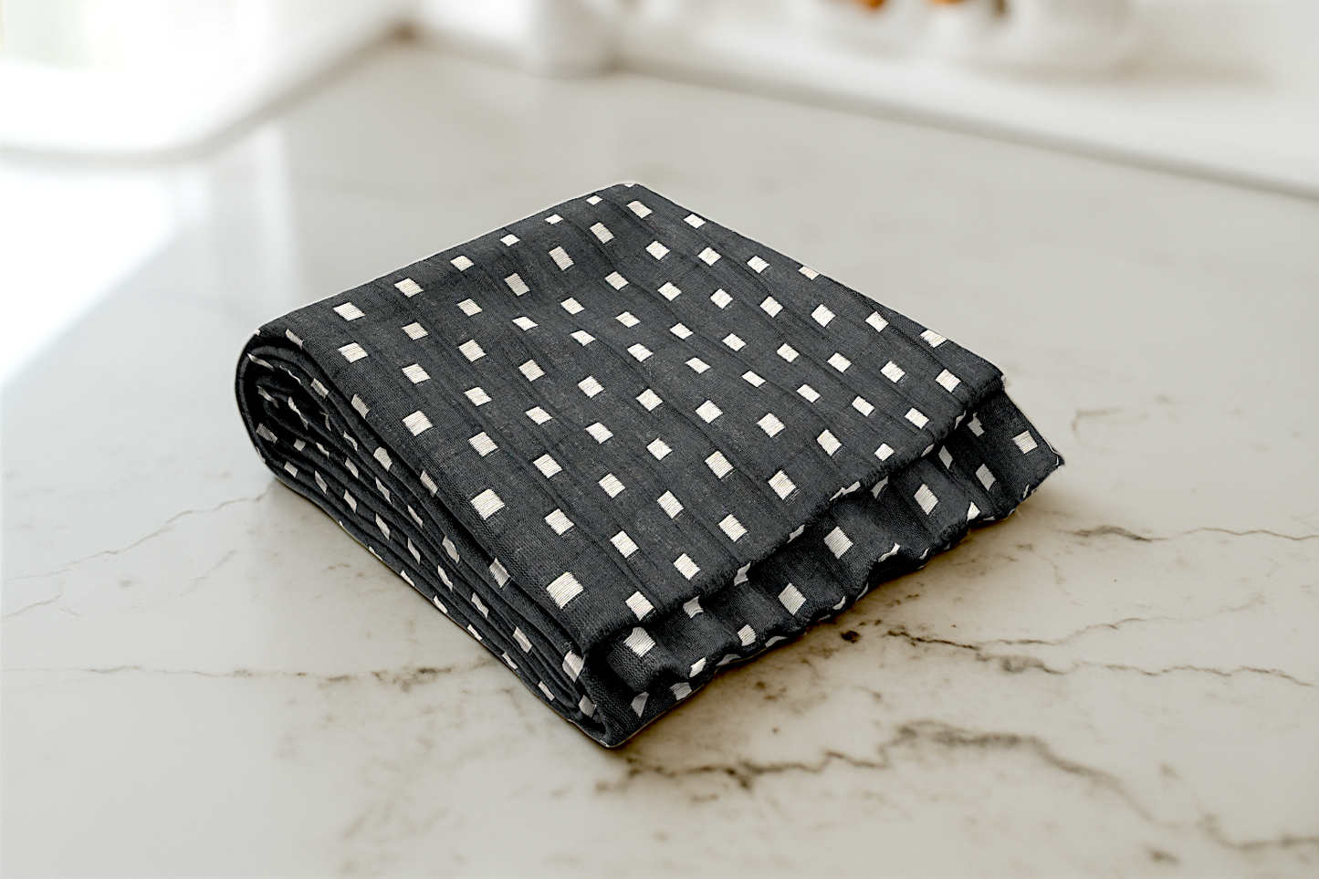 Midnight black ready made curtain with subtle rectangular geometric pattern adding a sleek and modern touch to any bedroom.