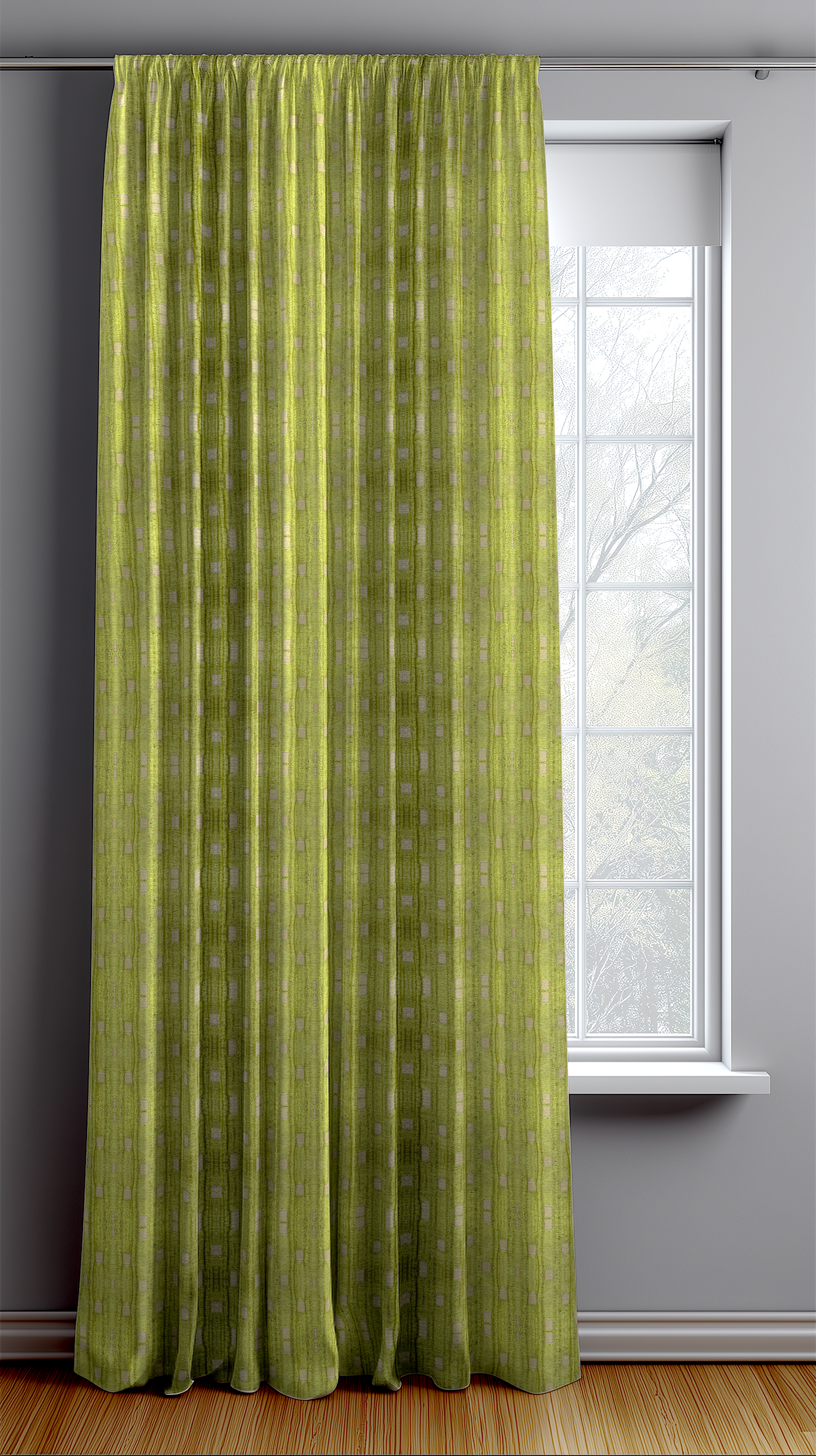 Green curtain hanging in front of a window with a gray wall background