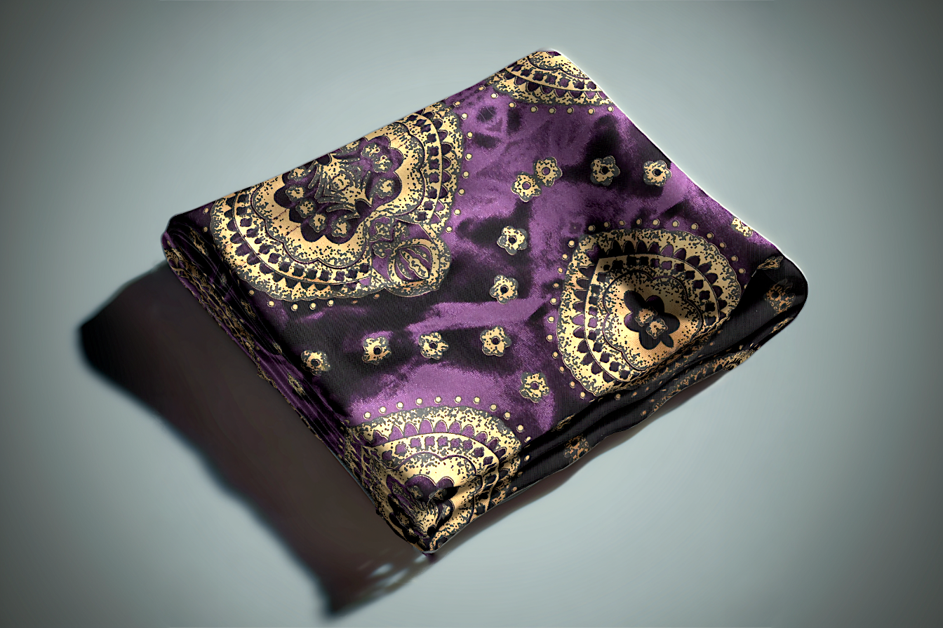 Purple and gold paisley curtain fabric with ornate medallion pattern and metallic accents folded on surface