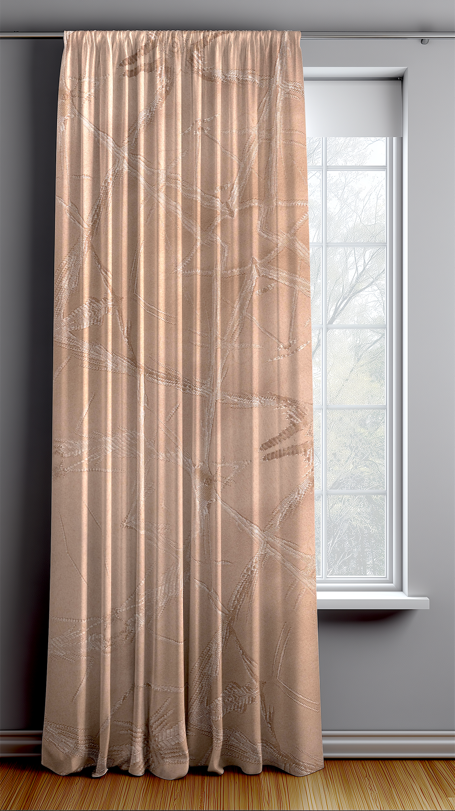 Beige curtain with subtle pattern in front of a window in a room with gray walls and wooden floor.