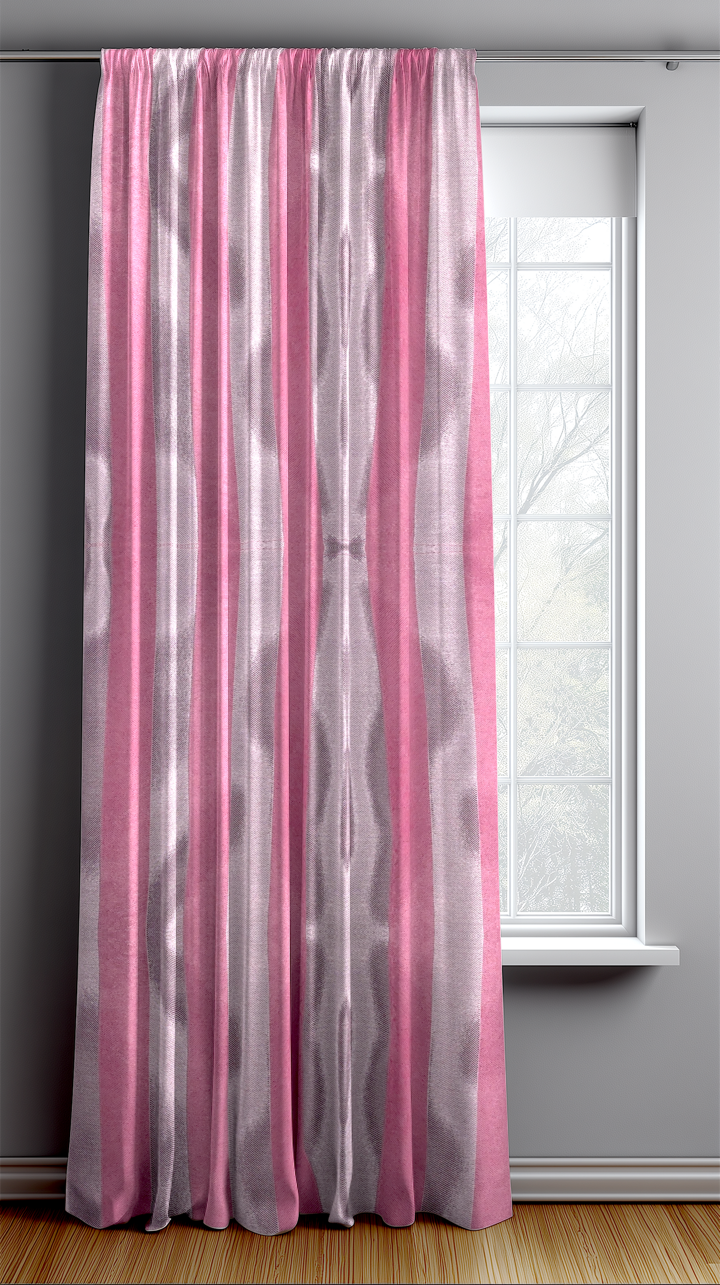 Sheer pink and gray curtain panel in front of a window with a gray wall background.
