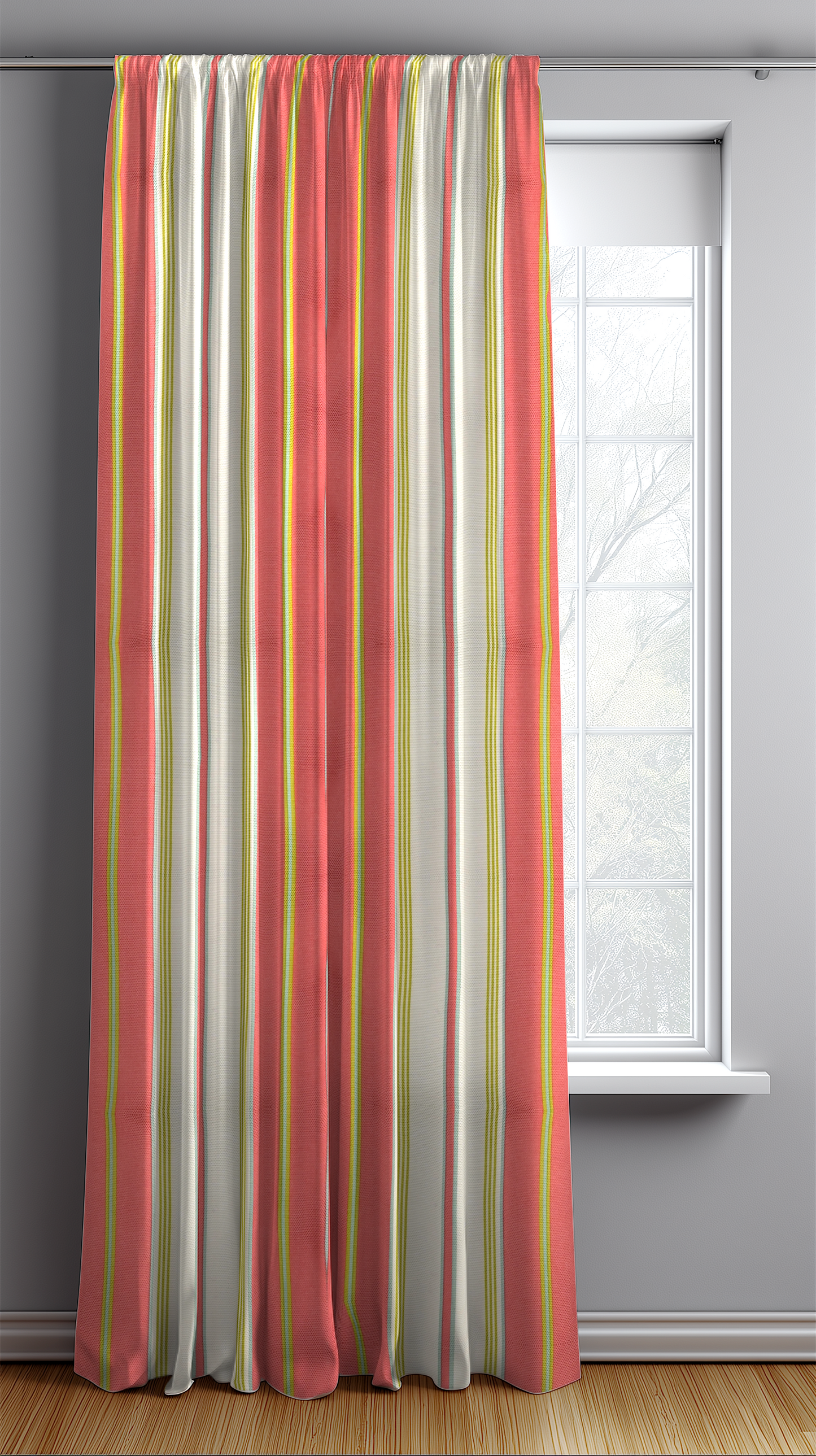 Striped curtain with pink, green, and white colors in front of a window.