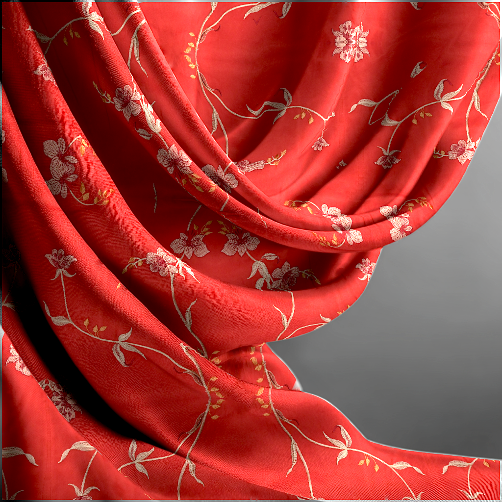 Red fabric with floral patterns on a gray background