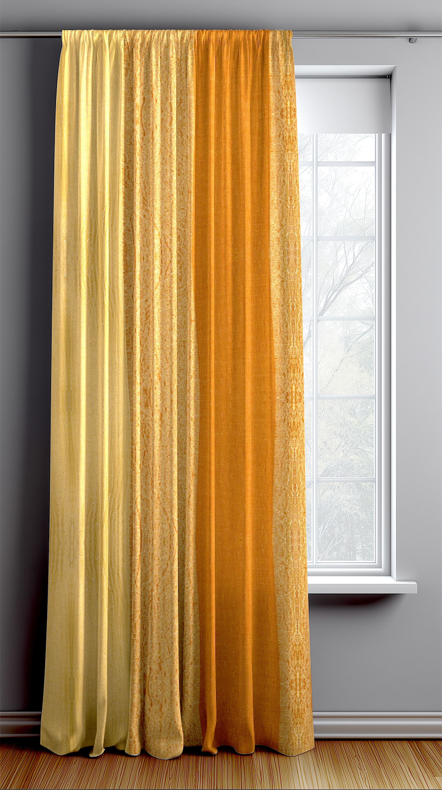 Mustard yellow curtain hanging in front of a window with white frame.