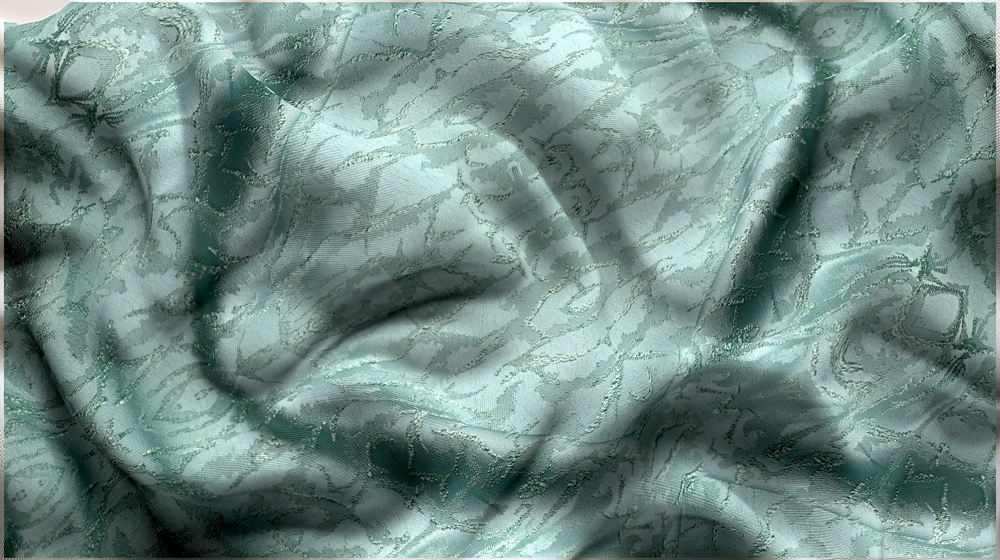 Close-up of seafoam green curtain fabric showing detailed pattern texture