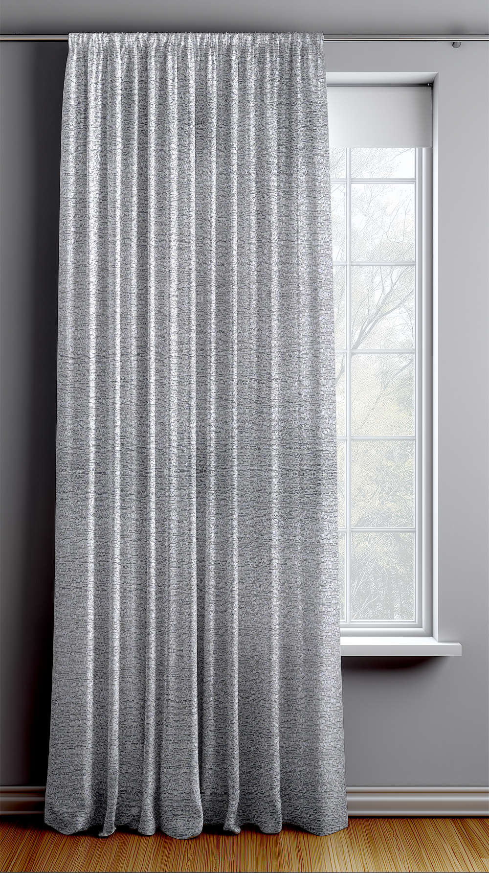 Gray curtain hanging in front of a window with a gray wall background