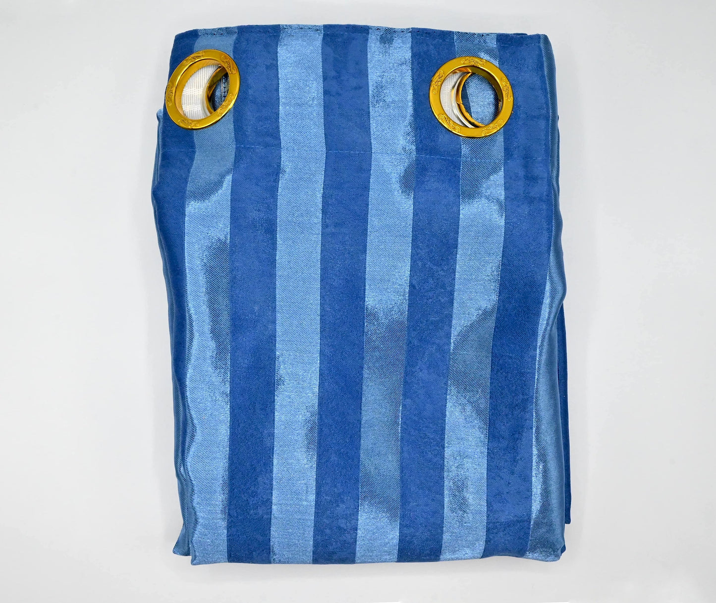 Blue striped fabric with gold eyelets on a white background