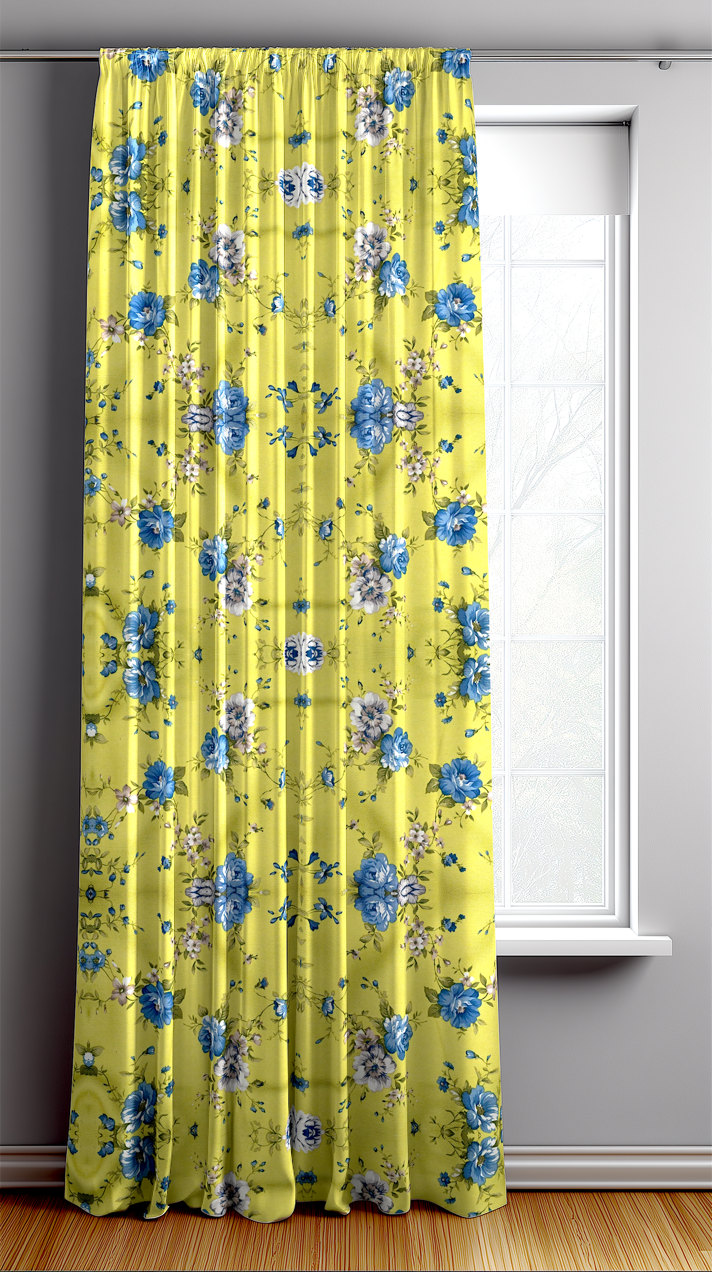 Yellow floral curtain hanging in front of a window.