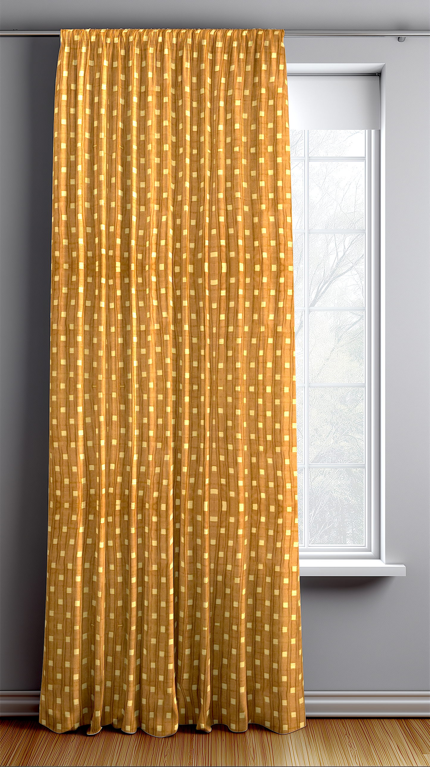 Mustard yellow curtain with a subtle pattern in front of a window.