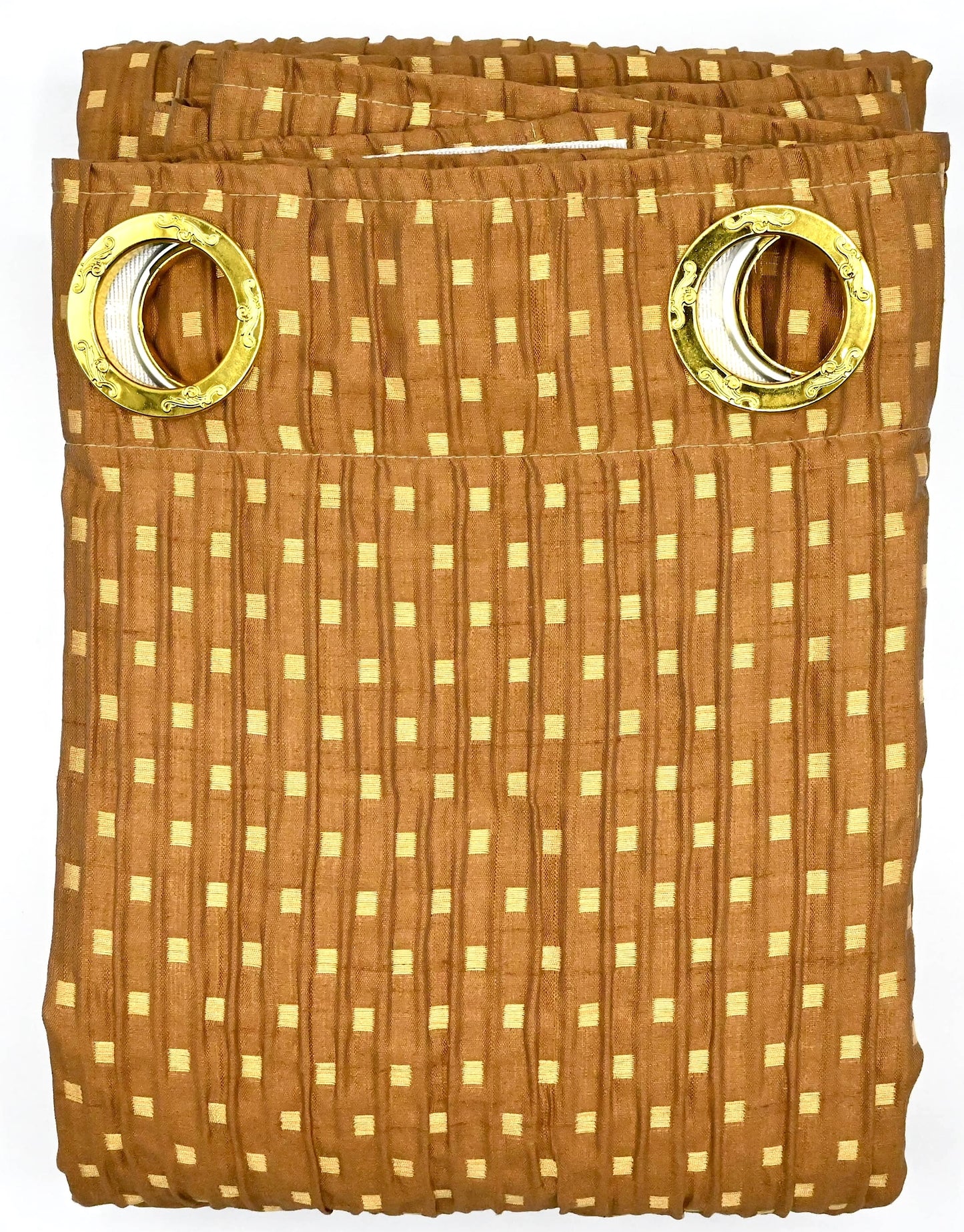 Brown fabric with gold checkered pattern and gold eyelets on a white background