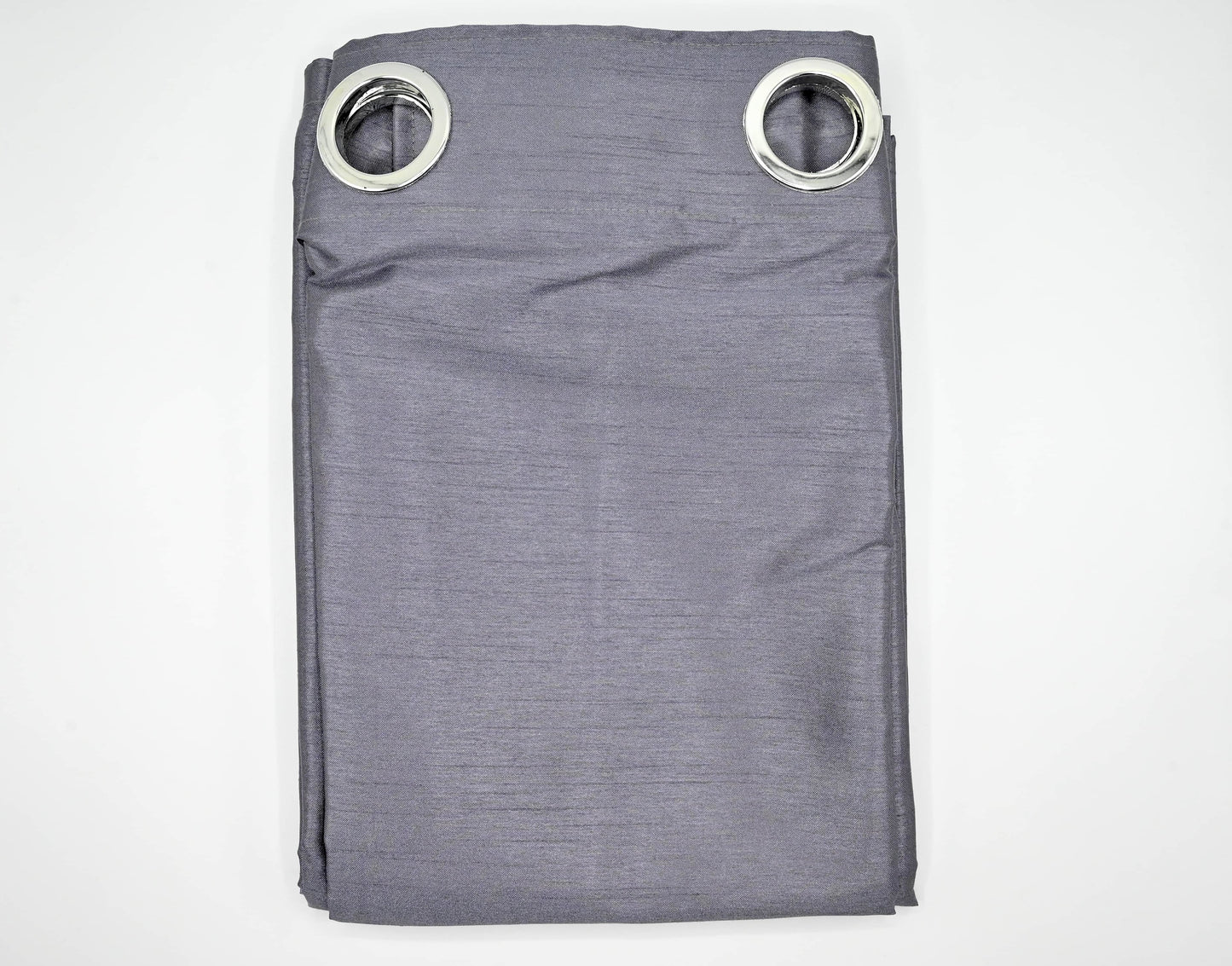Folded gray curtain with eyelets on a white background