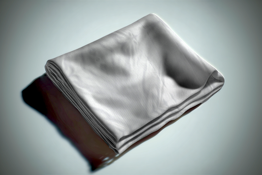 Folded silver fabric on a reflective surface with a gray background