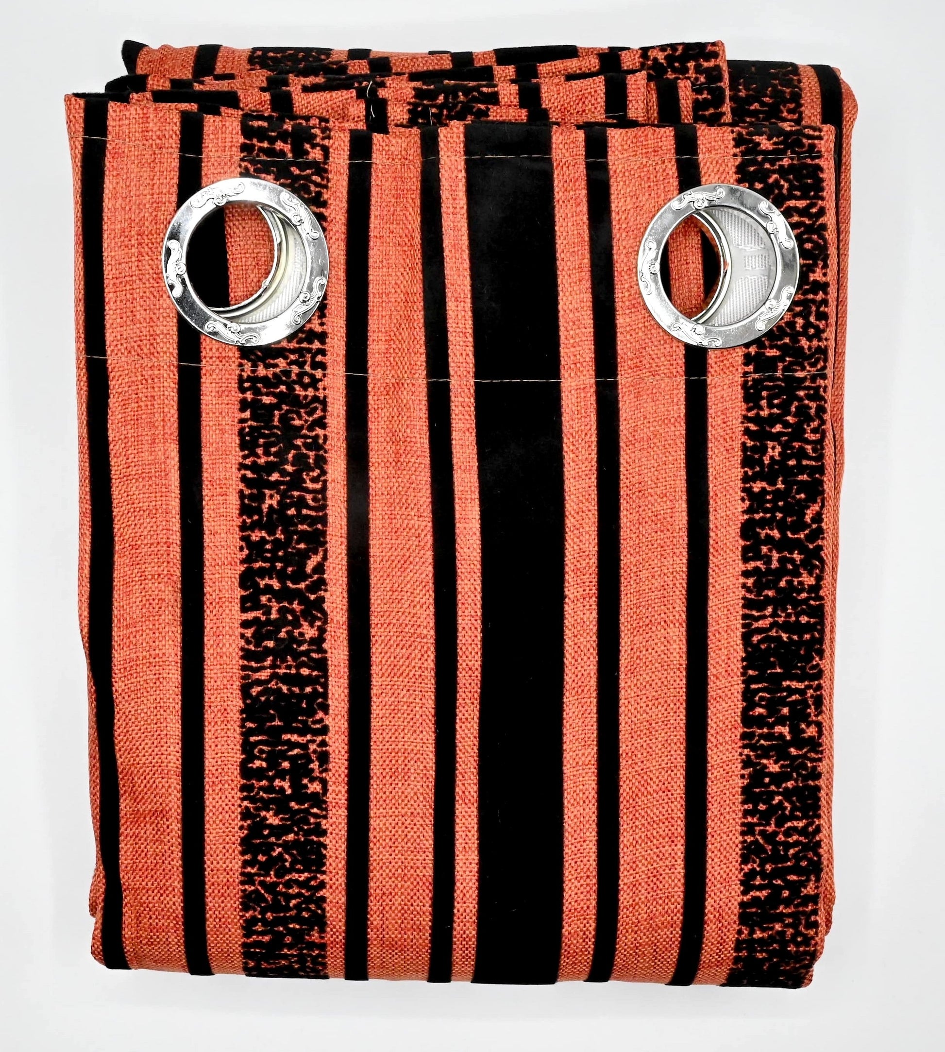Fabric with black stripes and silver rings on a white background