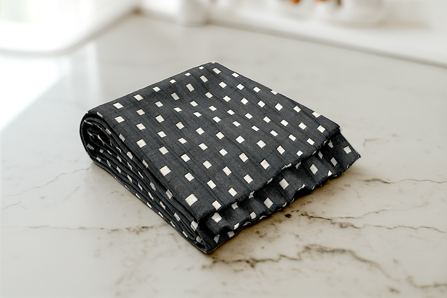 Midnight black ready made curtain with subtle rectangular geometric pattern adding a sleek and modern touch to any bedroom.