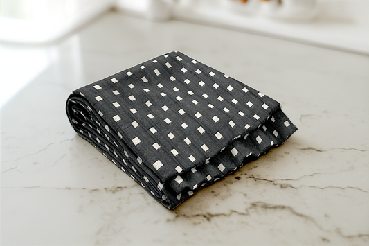 Midnight black ready made curtain with subtle rectangular geometric pattern adding a sleek and modern touch to any bedroom.