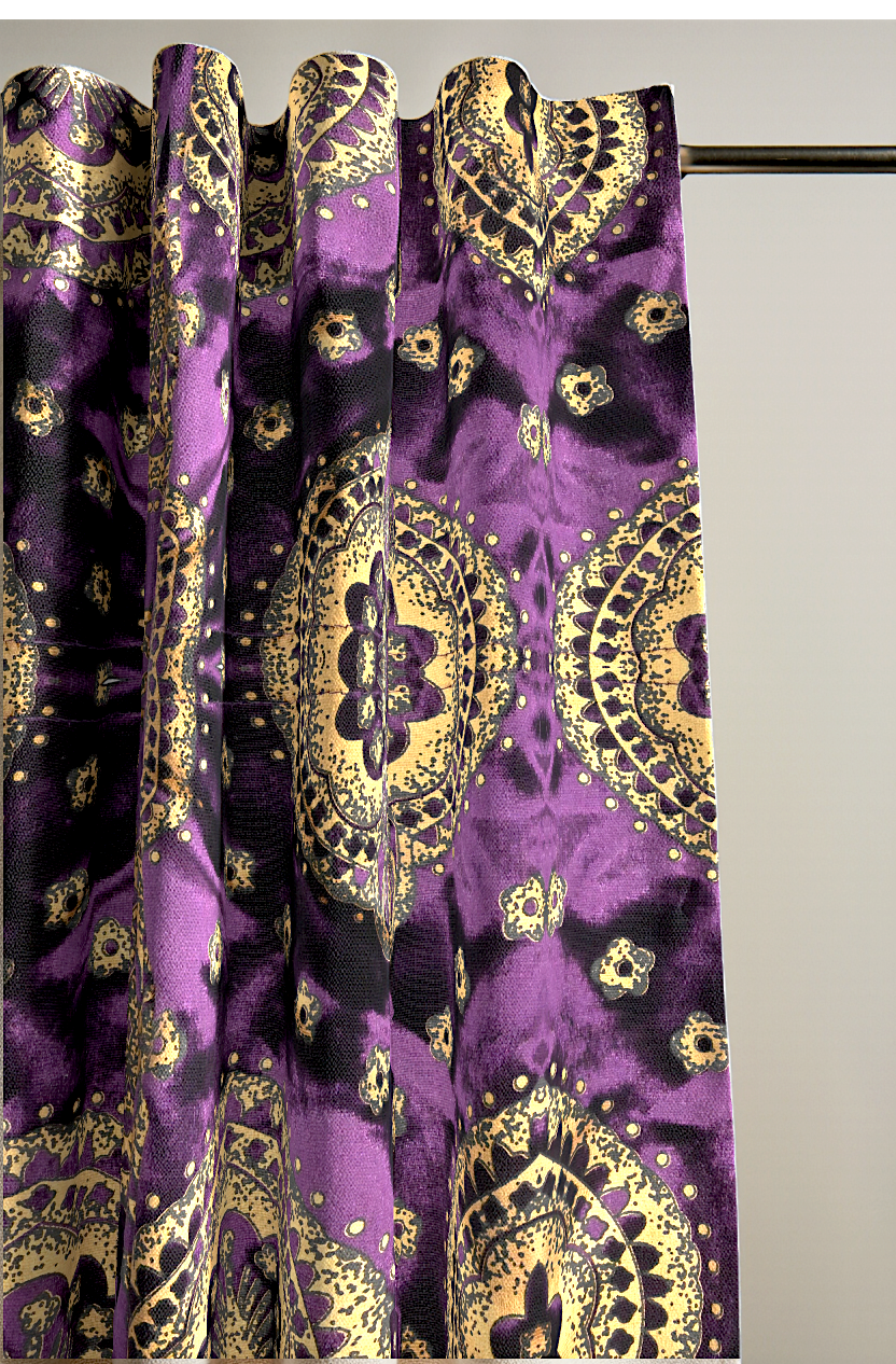 Purple fabric with gold and black pattern on a gray background