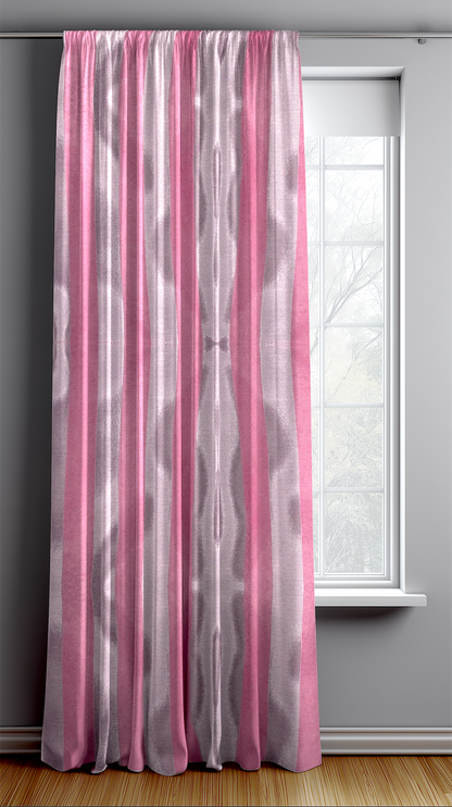 Sheer pink and gray curtain panel in front of a window with a gray wall background.