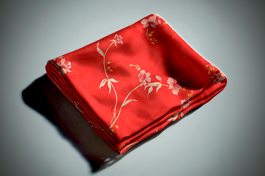 Rich crimson red ready made curtain with delicate gold floral embroider