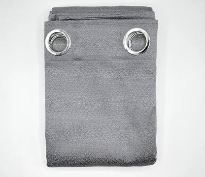 Gray curtain with silver eyelets on a white background