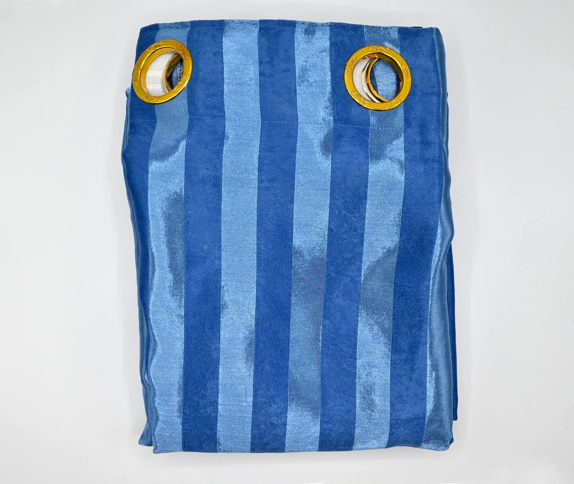 Blue striped fabric with gold eyelets on a white background