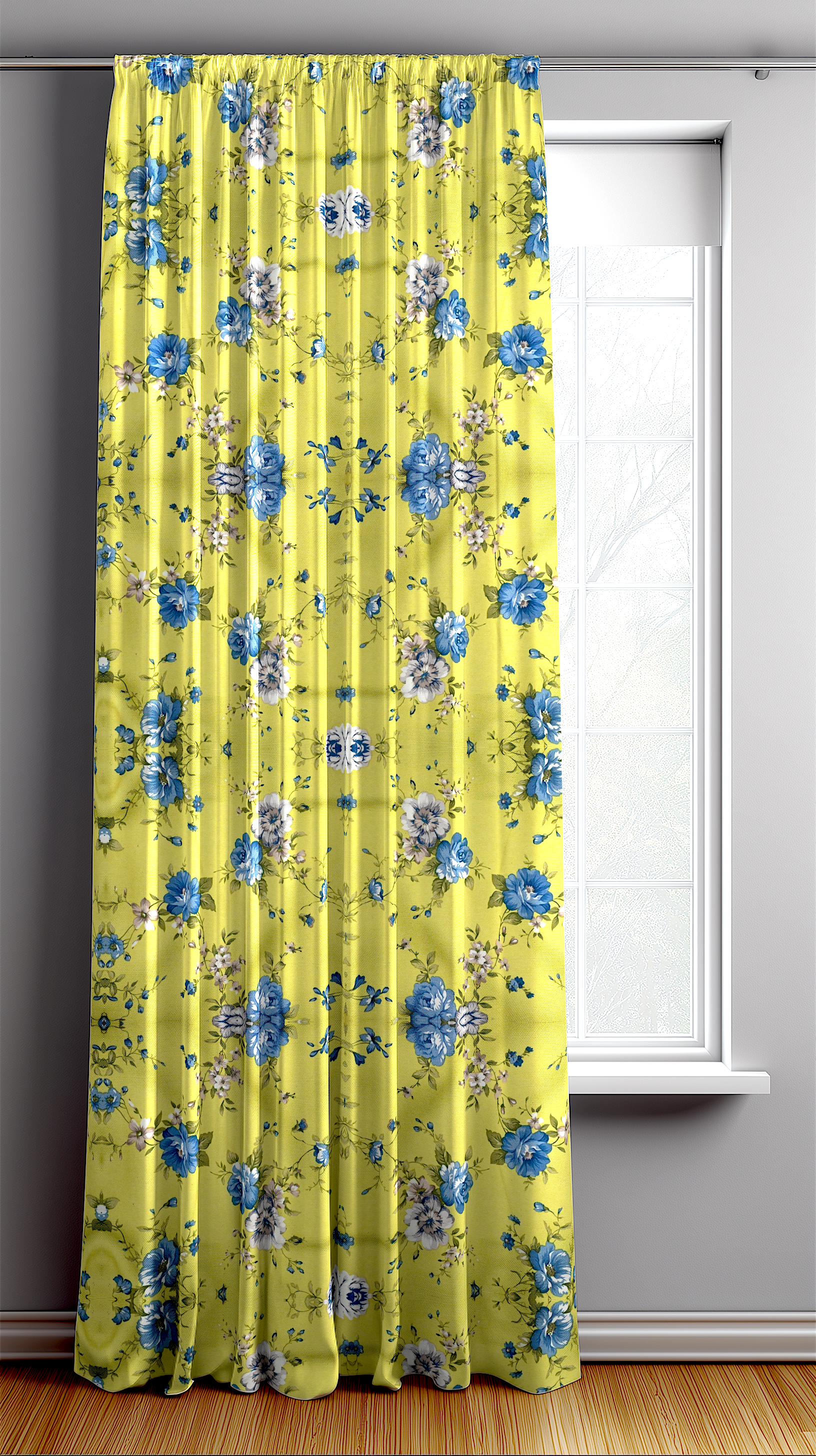 Yellow floral curtain hanging in front of a window.