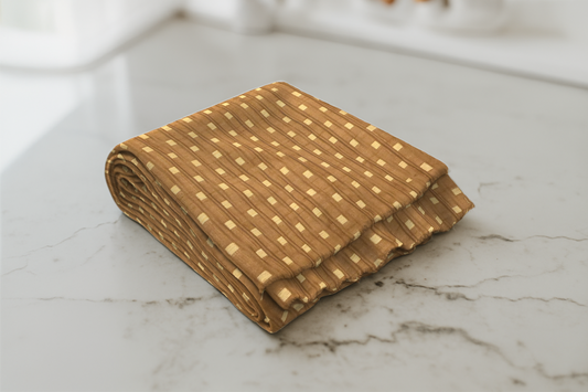Folded golden-brown curtain fabric with a textured geometric square pattern, made from high-quality material, ideal for adding warmth and elegance to home interiors
