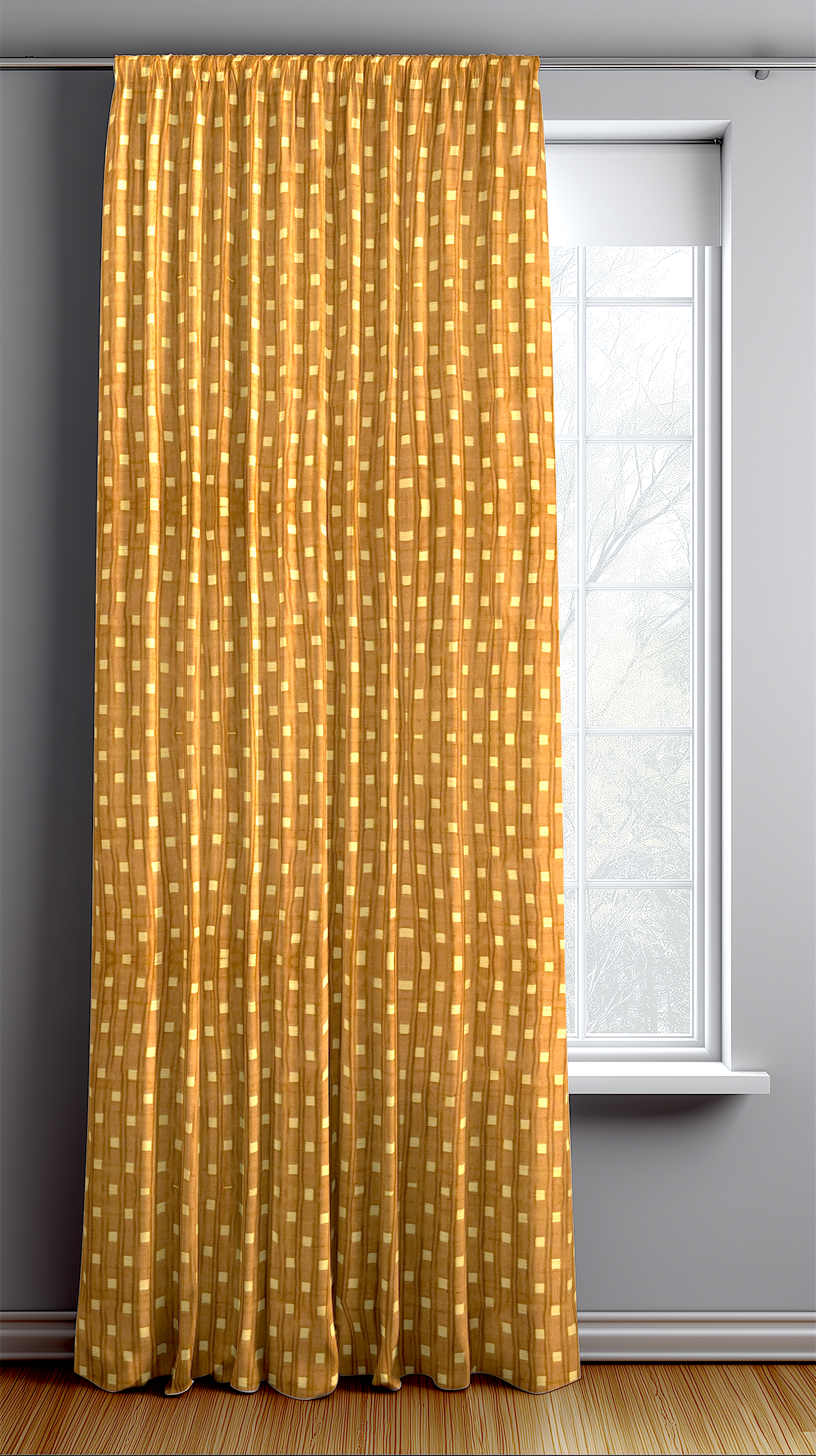 Mustard yellow curtain with a subtle pattern in front of a window.